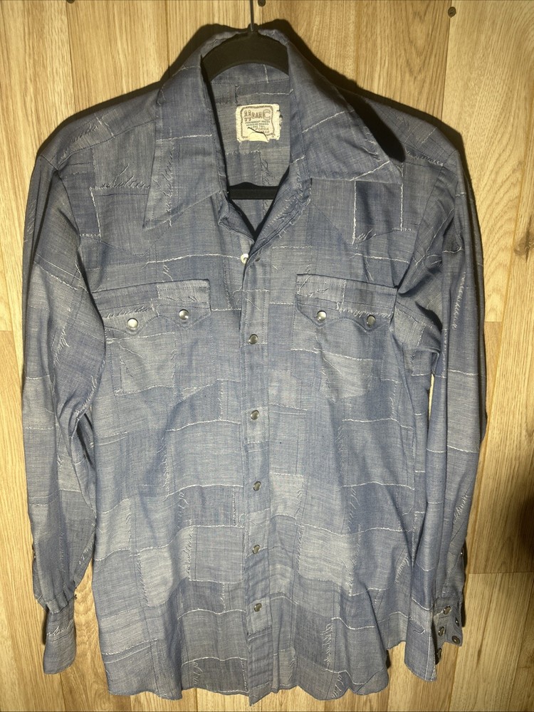 Vintage H Bar C Men’s Medium Blue Patchwork Plaid Pearl Snap Western Shirt