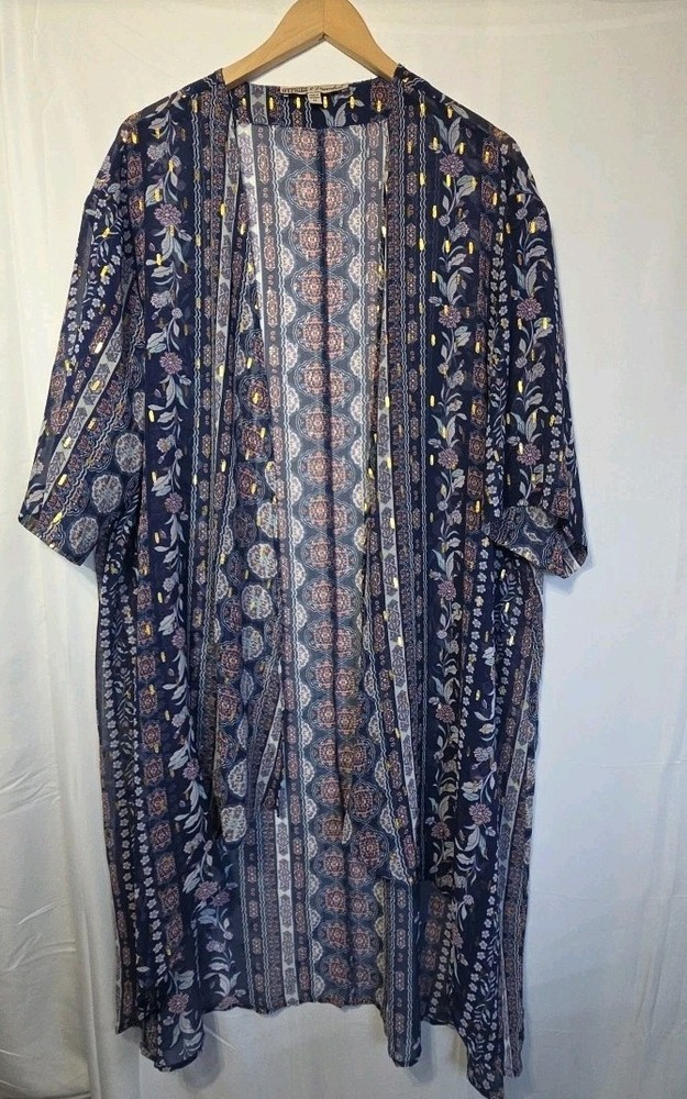 Gypsies & Moondust Boho Kimono Cardigan M Navy Blue Floral Gold Foil Sheer