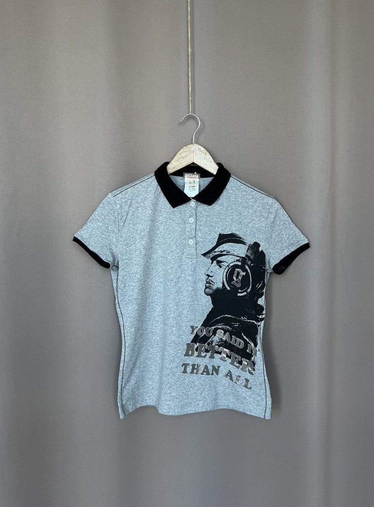 John Galliano Big Logo Polo Shirt Womens Size S Gray Short Sleeve Cotton