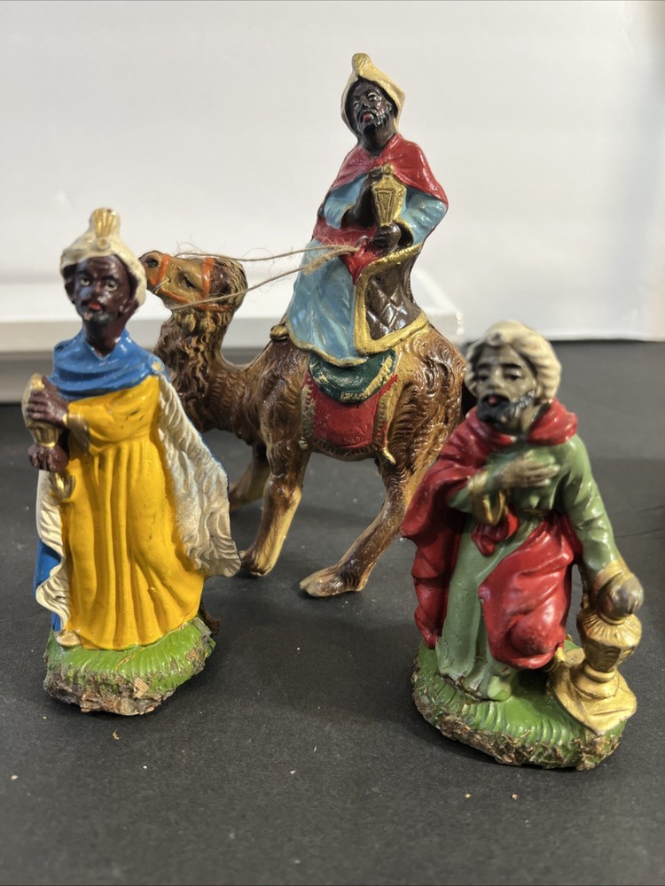 Vintage Fontanini Hand Paint Paper Mache NATIVITY SET  3 pcs  Made In ITALY