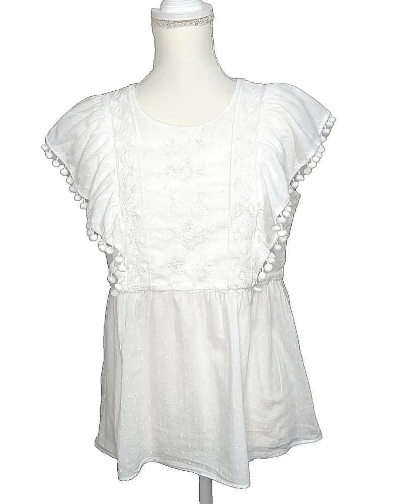 Lilly Pulitzer Top XS White Oversized Short Sleeve Embroidered Pom Pom Boho