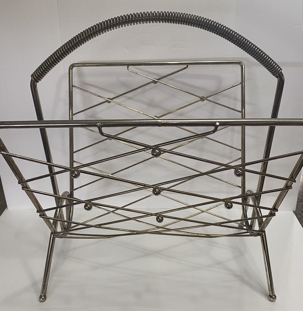 Vintage MCM Metal Vinyl Holder Magazine Rack Wire Handle Atomic