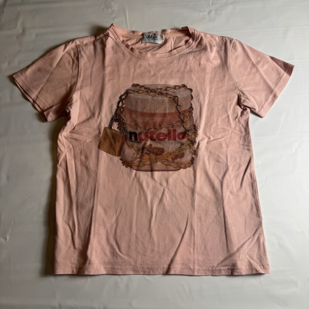 Lola And The Boys Nutella Rhinestone Tee Shirt Size 14 Girls Peach EUC