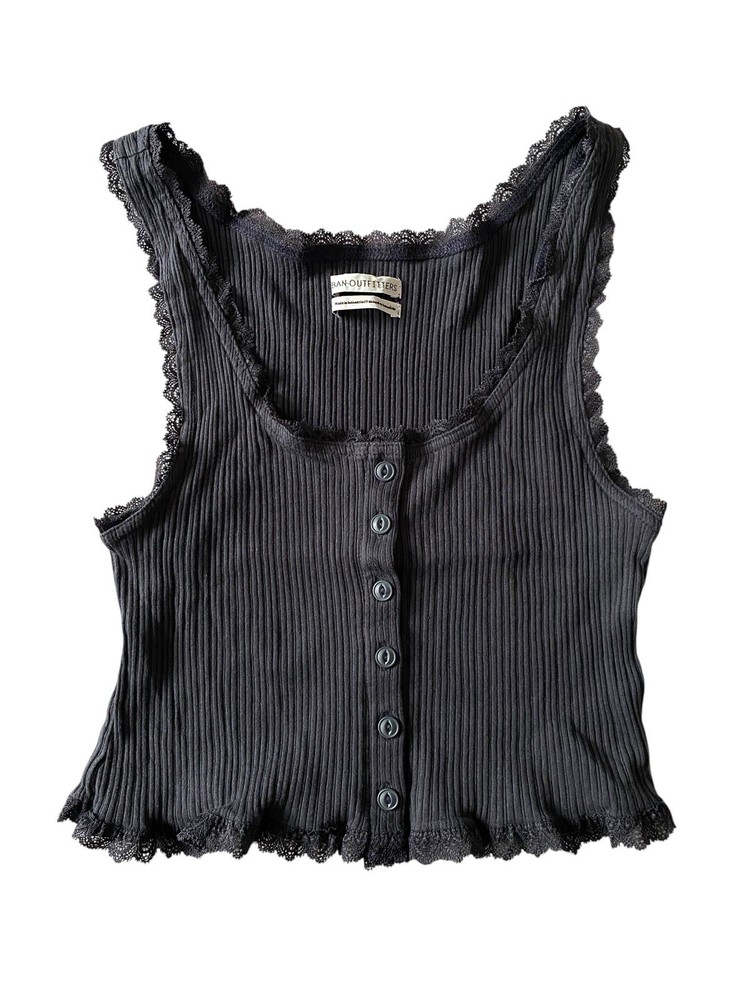 Urban Outfitters Ribbed Lace Trim Button Front Cropped Tank Charcoal Large