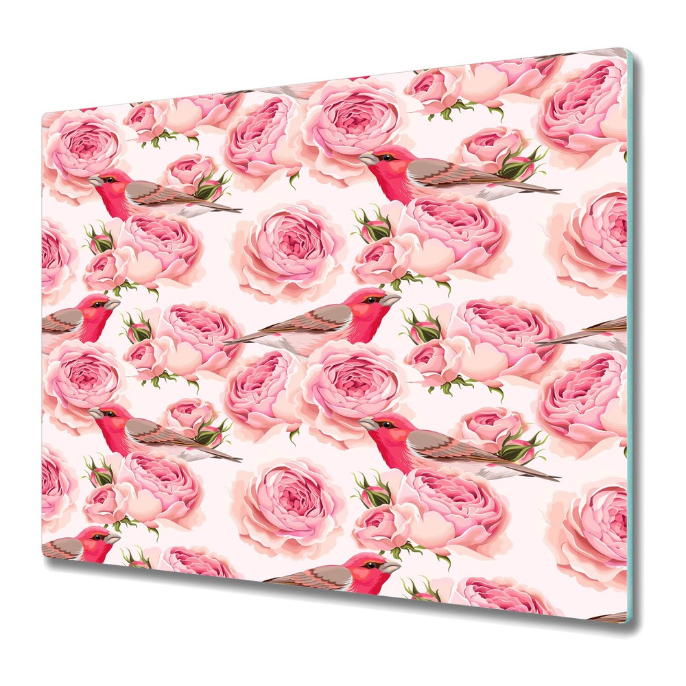 Glass Chopping Board Utensil Floral birds pink and white 60x52