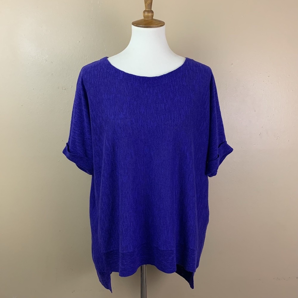 Eileen Fisher Top Womens Large Purple Organic Linen Cotton Casual Short Sleeve