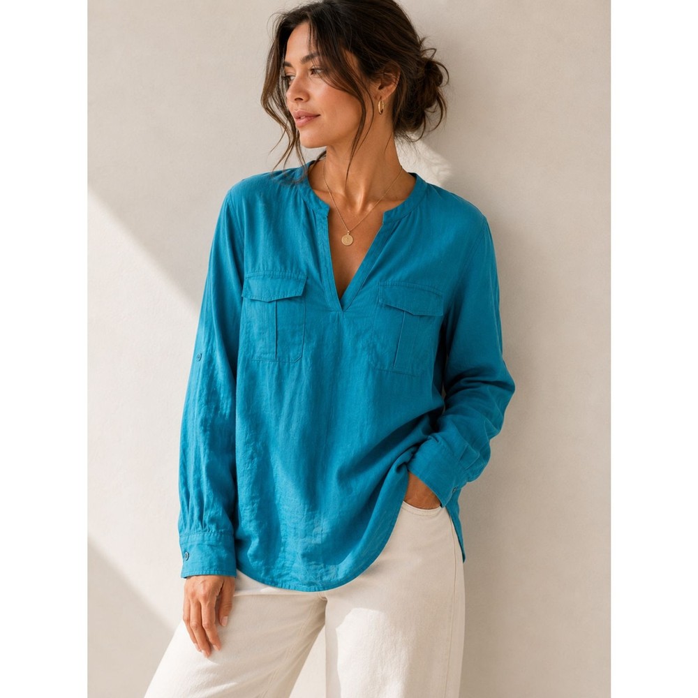 Michael Kors Teal Linen Popover Blouse Women's XL Long Sleeve Utility Shirt