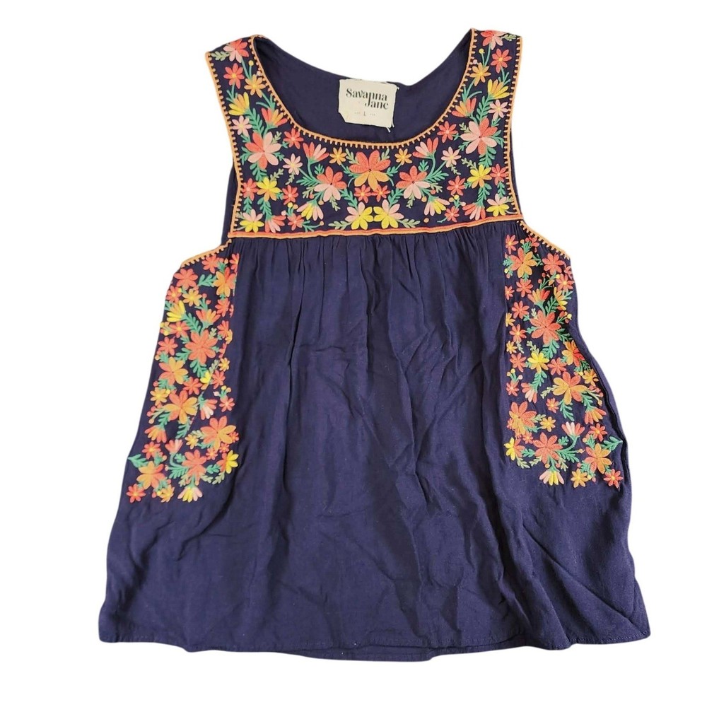 Savanna Jane Top Women Large Navy Blue Floral Embroidered Boho Sleeveless Blouse
