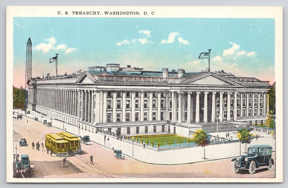 Vintage White Border Postcard US Treasury Washington DC Streetcars Monument