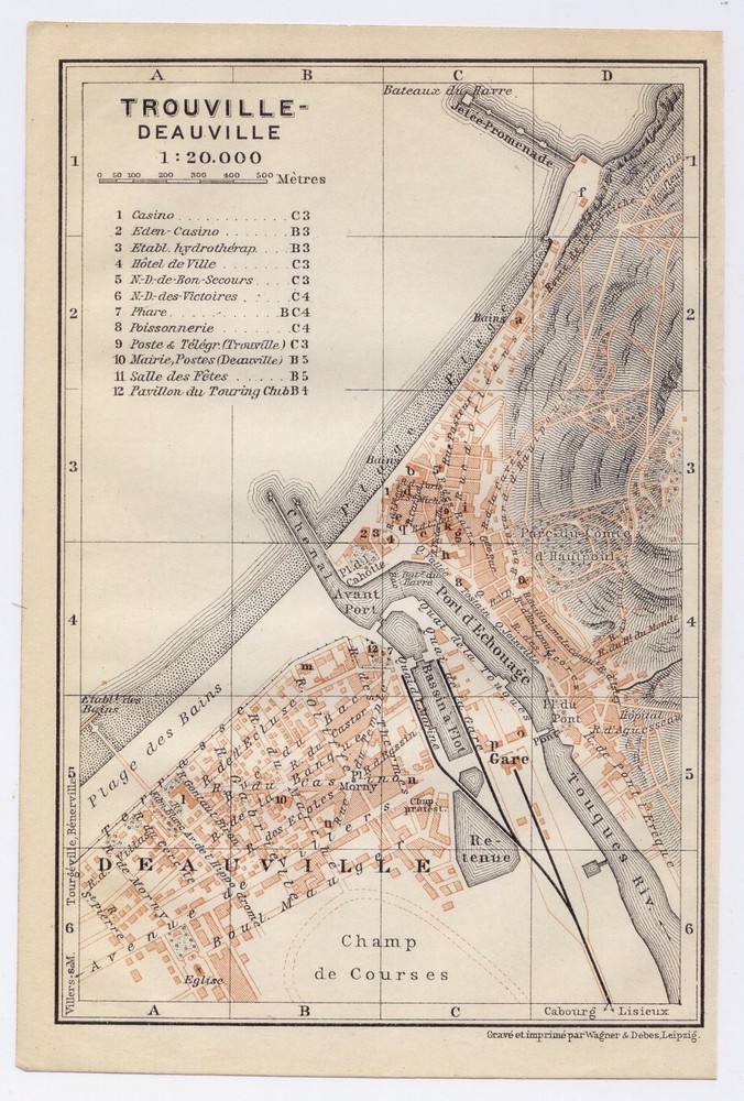 1909 Original Antique City Map Of Trouville-Sur-Mer Deauville Normandy / France