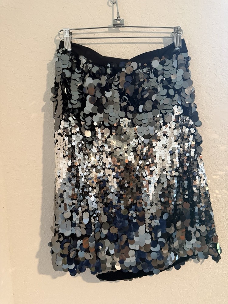 Black Silver Sequin Knit Short A-Line Party Skirt Lined Pull On Women's Size