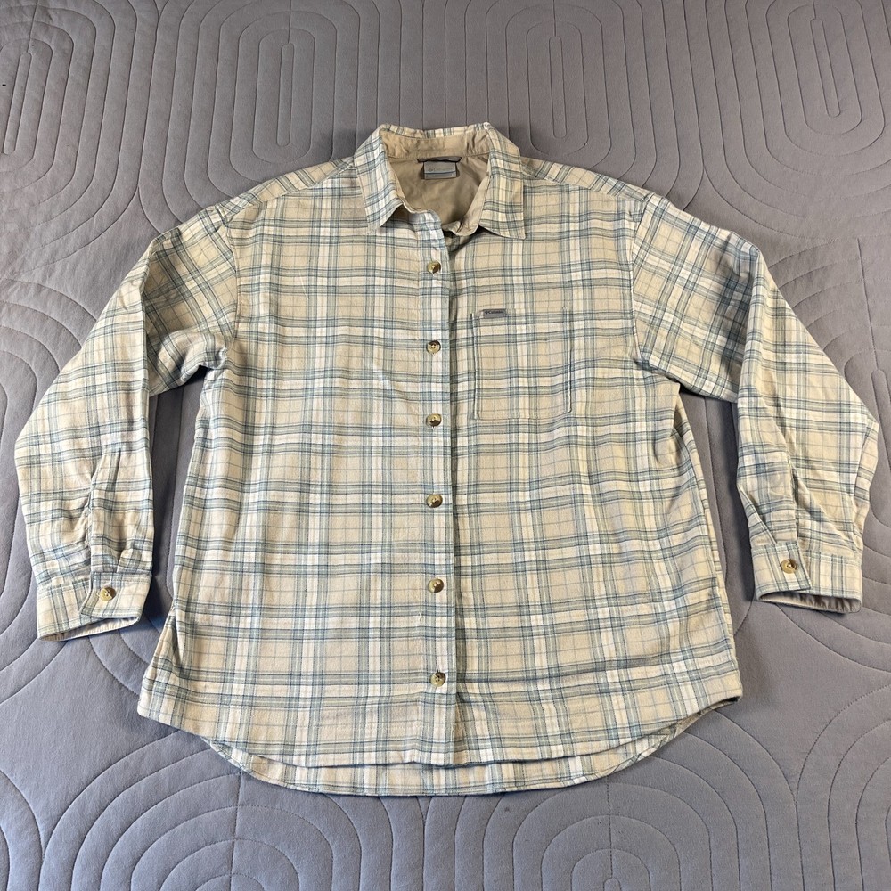 Columbia Womens Large Plaid Button Up Shirt Blue Cream Stretch Outdoor Hiking
