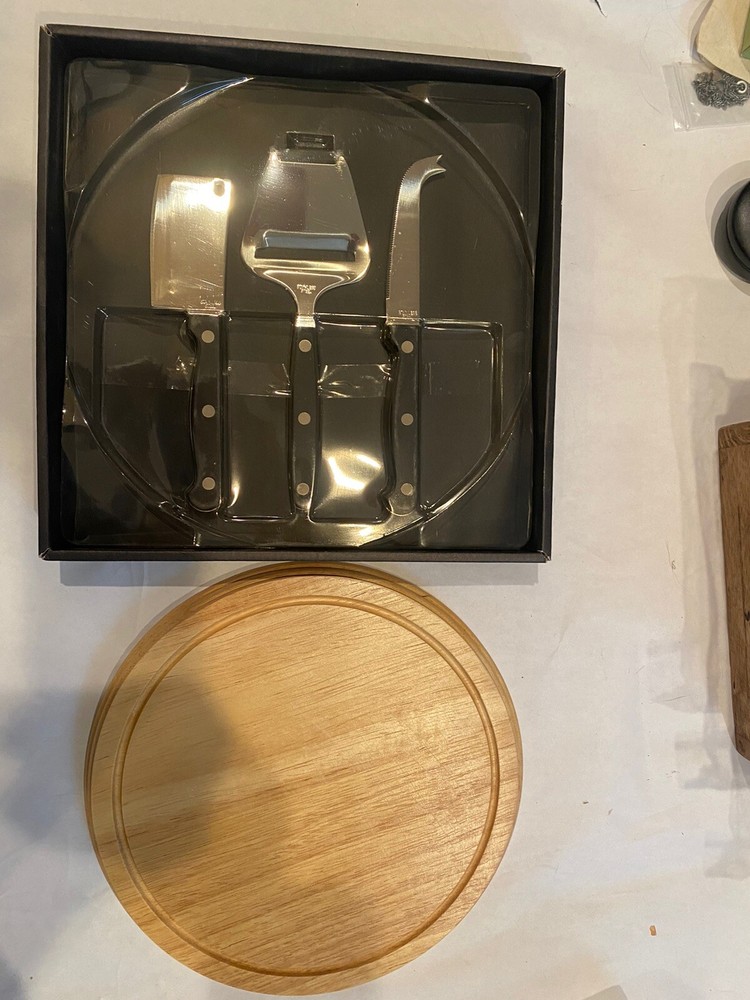 Acacia Wood 4 Piece Set 9” Cheese Board & 3 Piece Knife Serving Set Gift Set-image