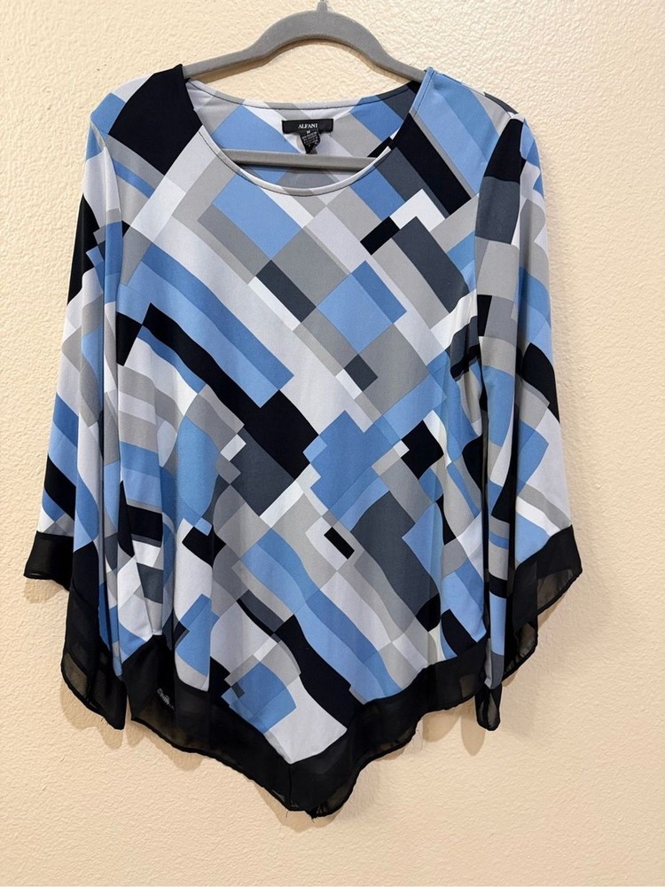 Alfani Blue Geometric Asymmetric 3/4 Bell Sleeve Blouse Size M EUC
