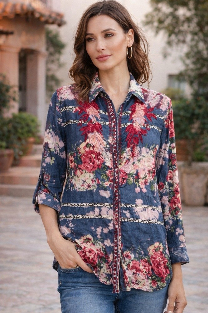 Vintage Goa Floral Embroidered Button Down Shirt Womens M Cotton Boho NWT