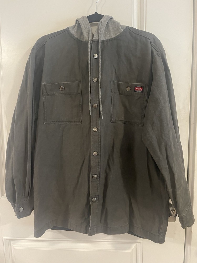 Wrangler Workwear Men’s Hooded Canvas Jacket Barn Coat Pockets Gray Size Medium