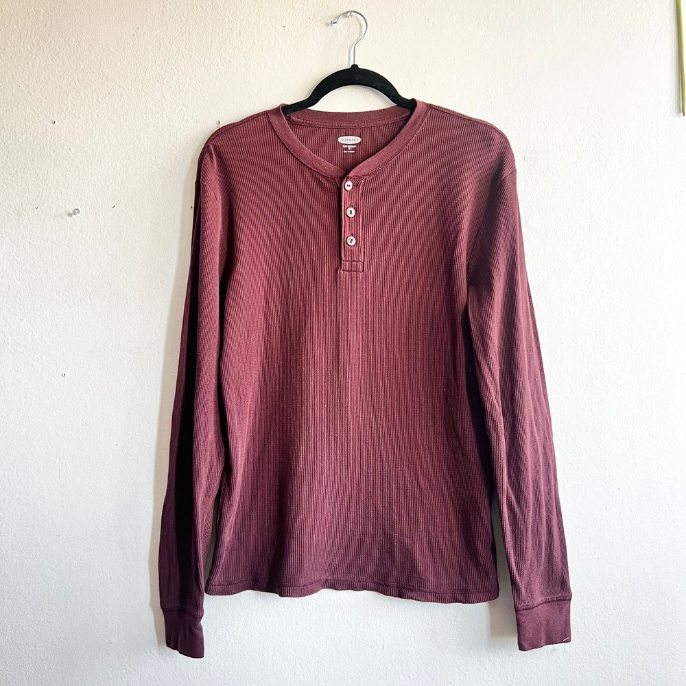 Old Navy Waffle Knit Long Sleeve T Shirt Mens M Burgundy Thermal Henley Cotton