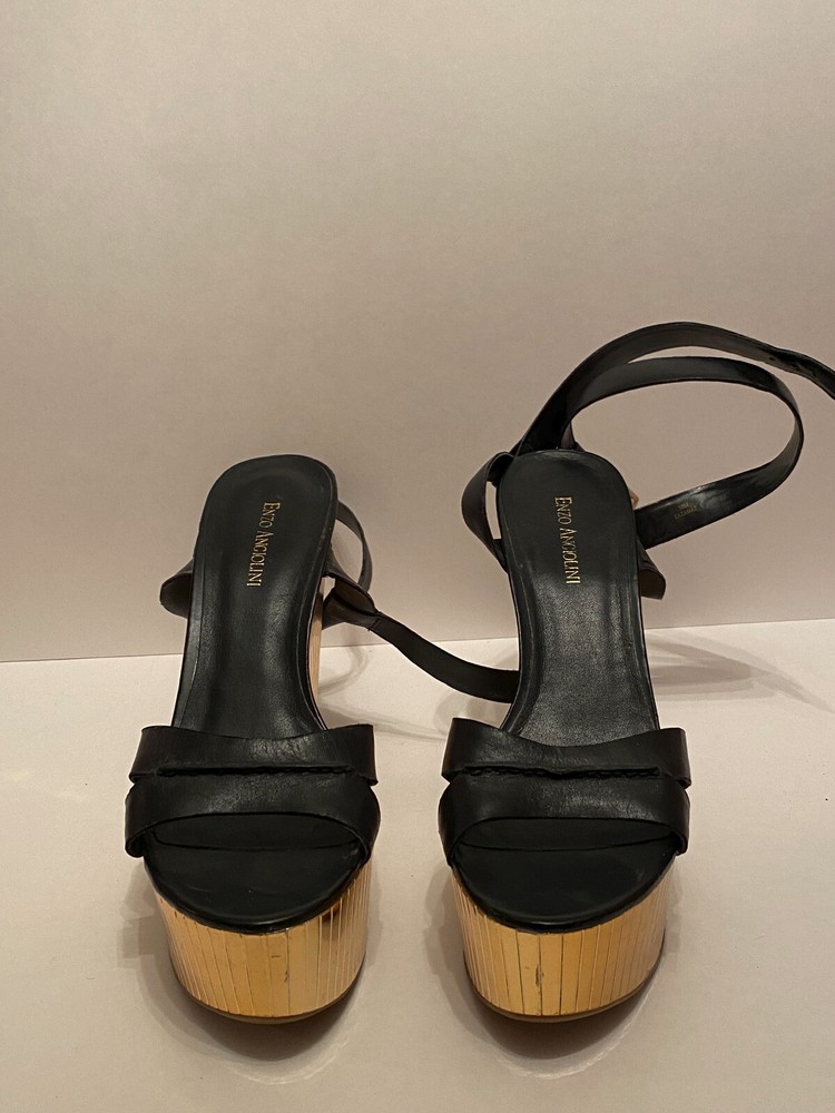 ENZO ANGIOLINI ZAMAZ Black Leather Wedge Sandals Size 10 M