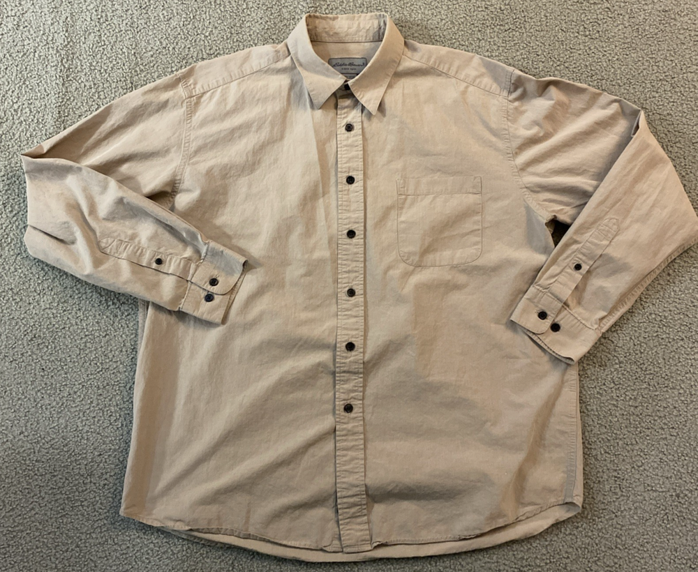 Eddie Bauer Button-Up Long Sleeve Men's L Tan 100% Cotton Outdoors Fishing