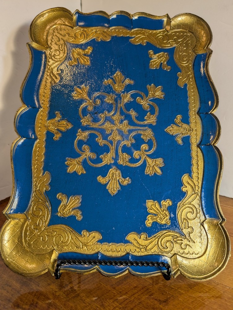 Florentine Vintage Tray Gold Tone/Teal Italy