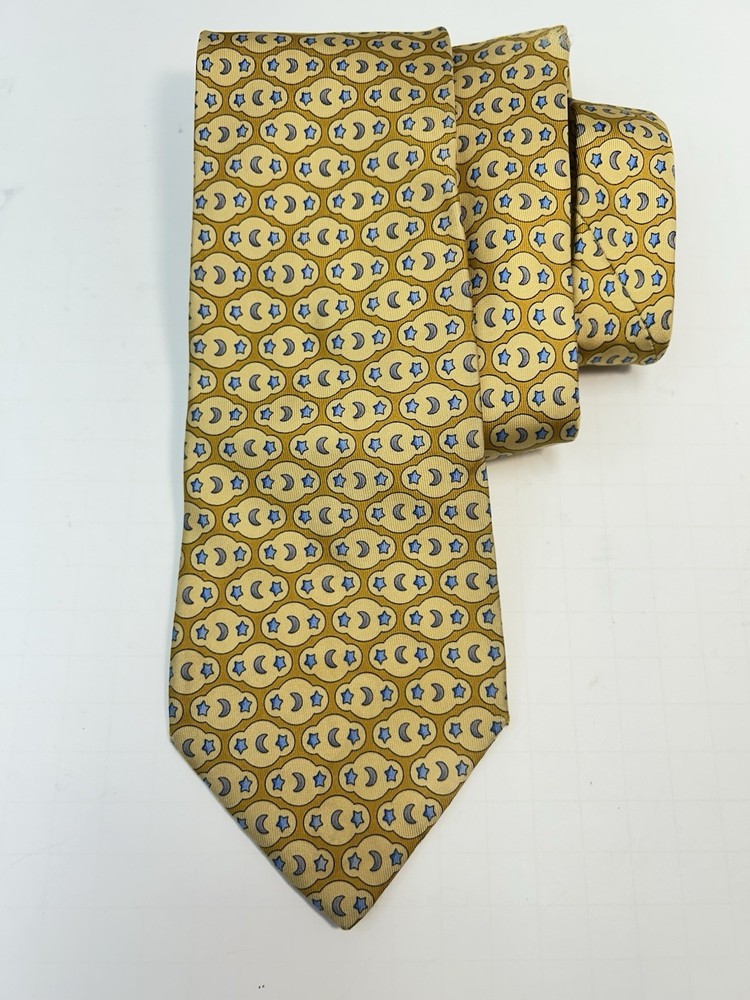 Salvatore Ferragamo Men’s Silk Tie Yellow Printed Blue Star Moons Italy FLAW!!!