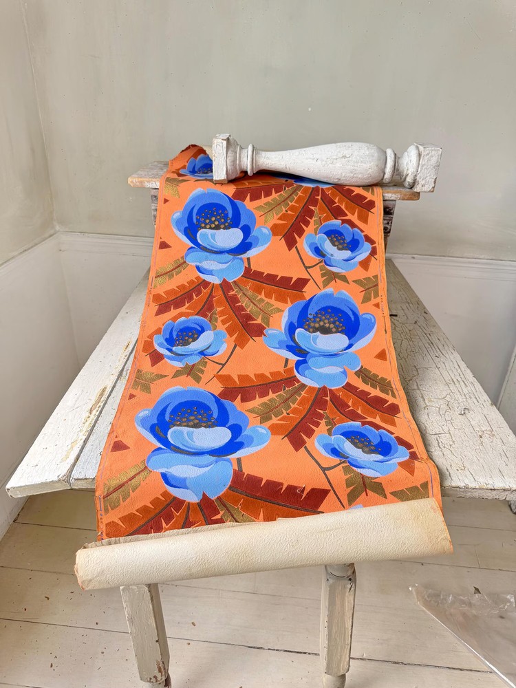 1.4 yrds French 1920s antique wallpaper roll bold floral blue orange metallic g