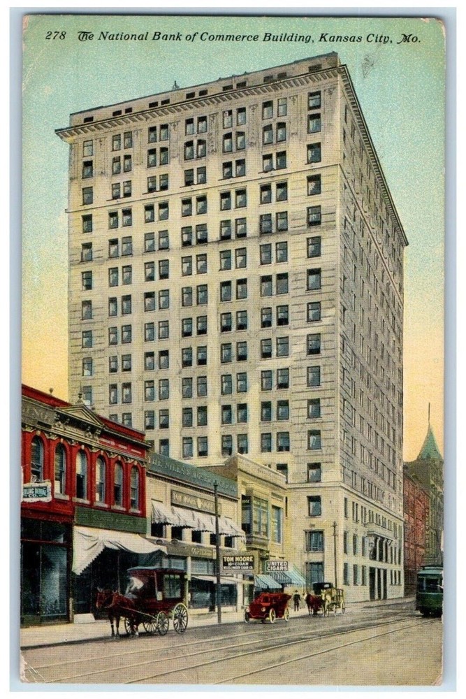 1912 Streetcar at National Bank Commerce Building Kansas City MO Vintage Postcard