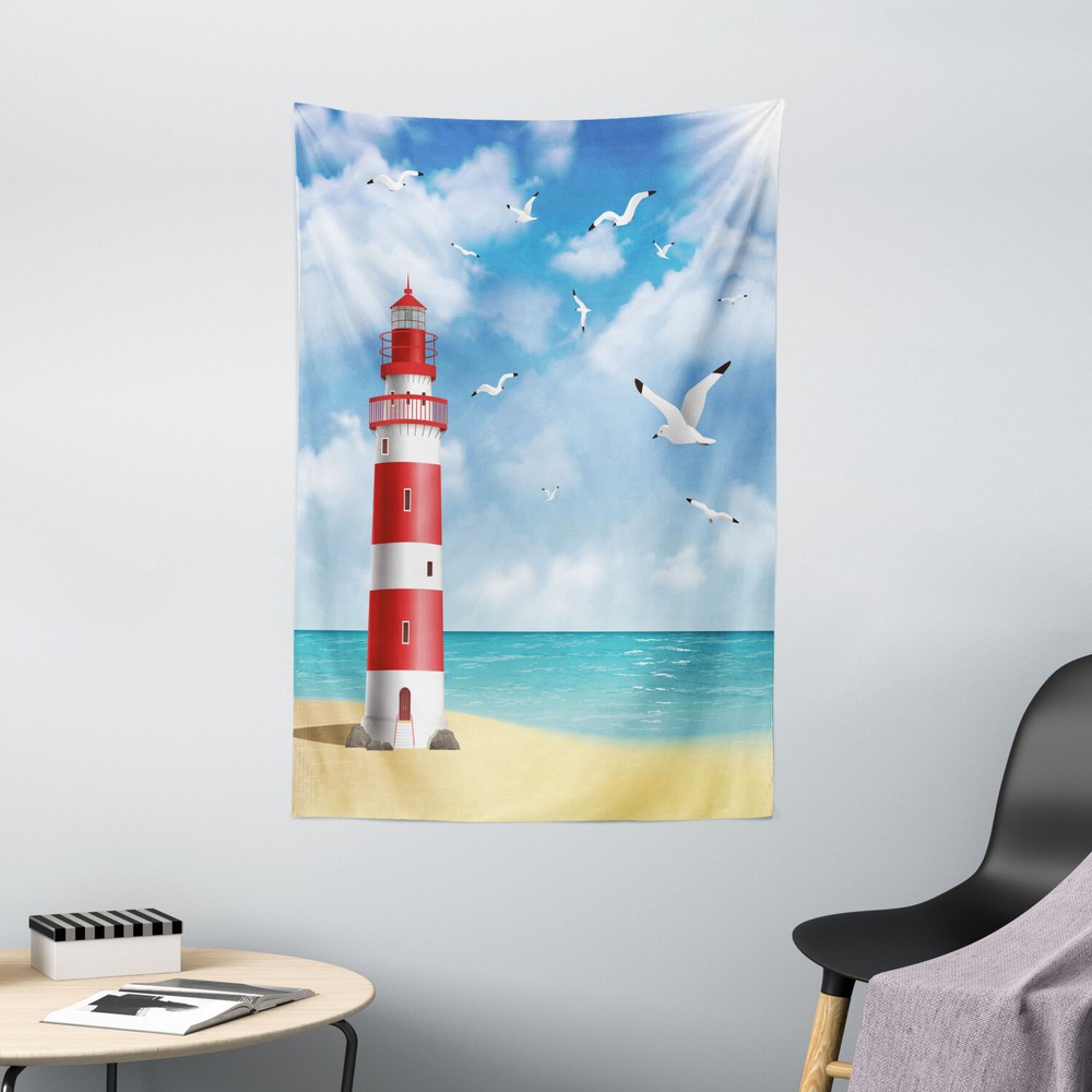Beach Tapestry Lighthouse Seagulls Ocean Print Wall Hanging Decor