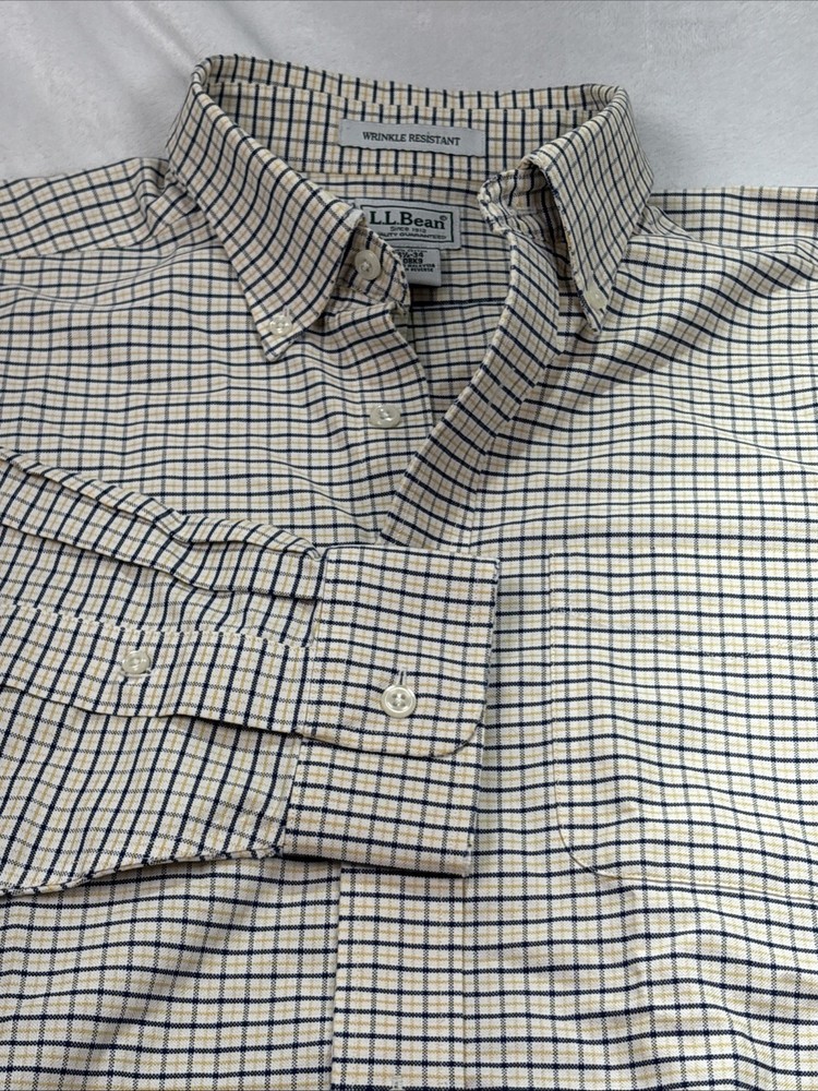 LL Bean Mens Button Shirt Yellow Plaid 16.5 34 Dress Preppy Classic Grandpacore