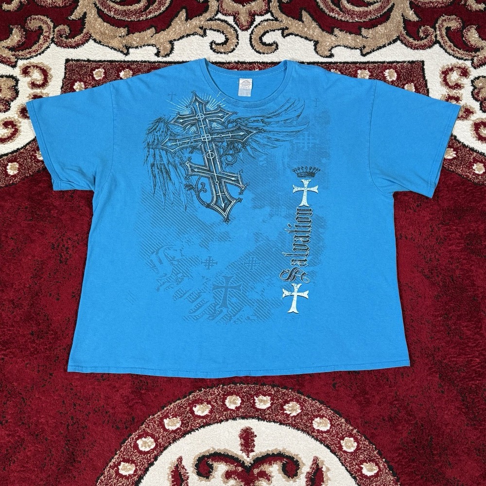 Vintage Y2K Salvation Tribal Cross Wings Grunge MMA Blue T Shirt Size 2XL
