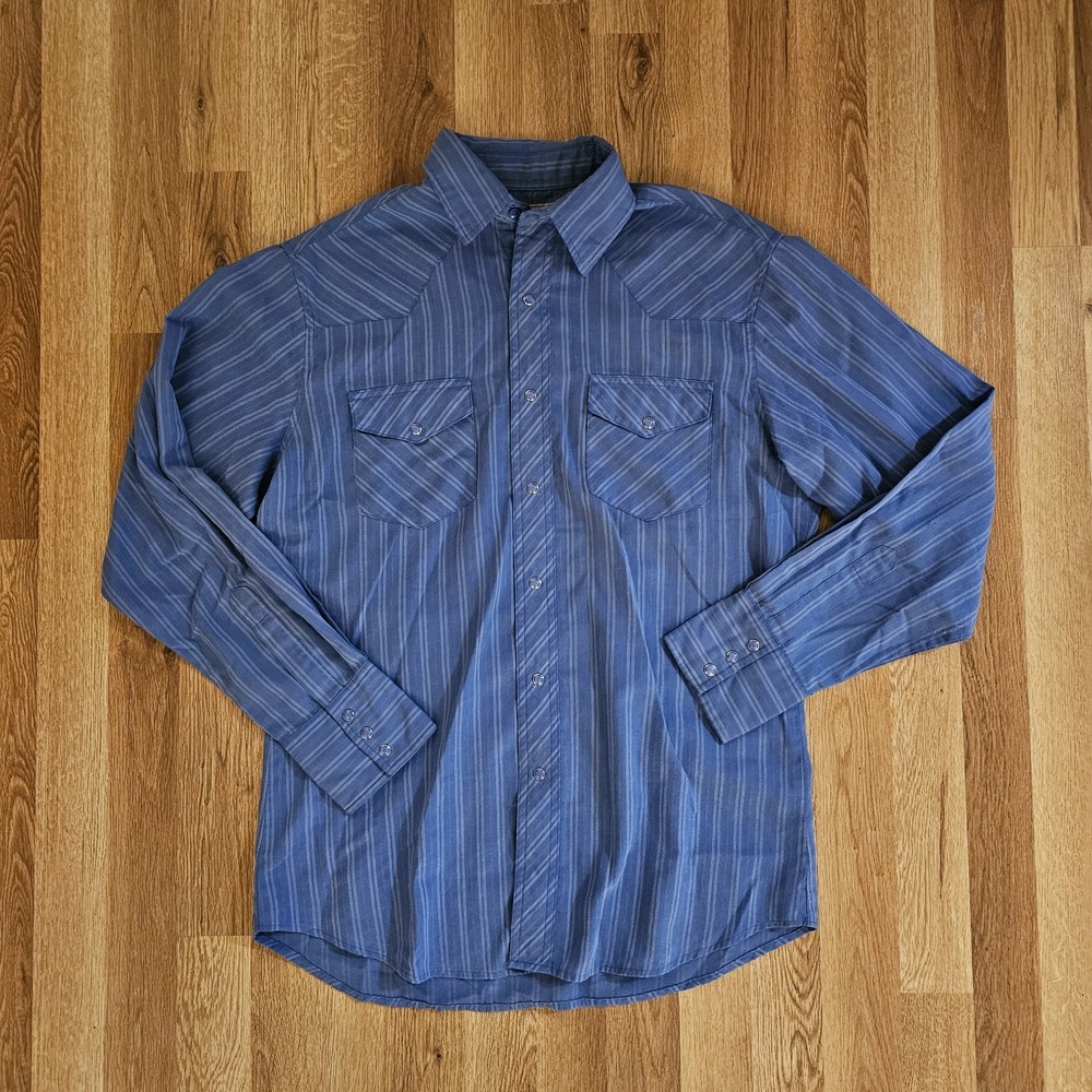 Wrangler Shirt Mens Medium Blue Indigo Striped Pearl Snap Cowboy Western Rodeo