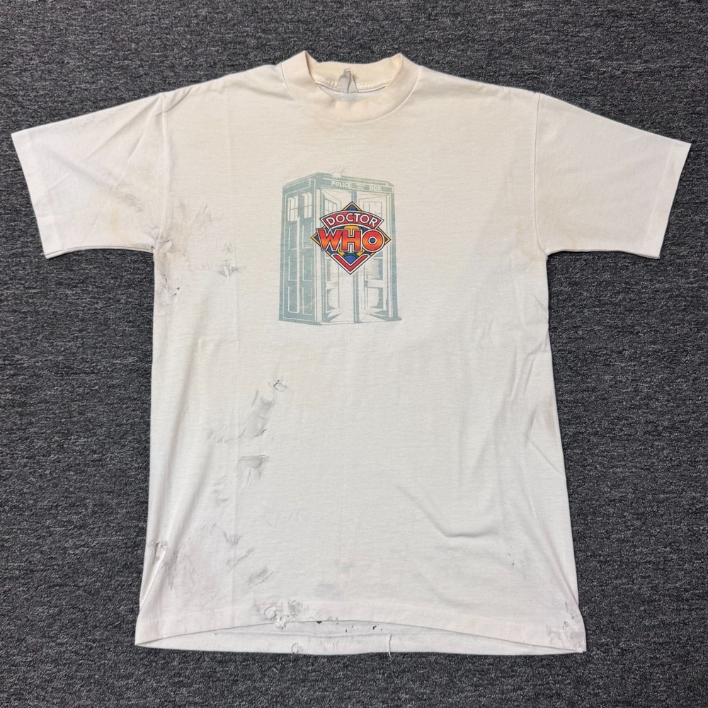 Vintage 80s Doctor Who TV Show Promo Single Stitch T-Shirt Mens - Sz M/L White