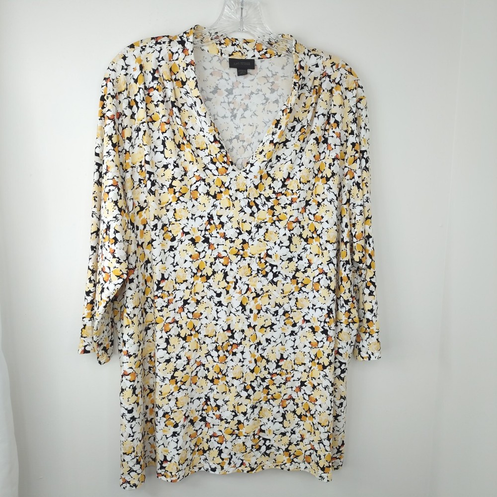 Jill Womens XLP Field Of Flowers Yellow Floral V Neck Long Sleeve Blouse