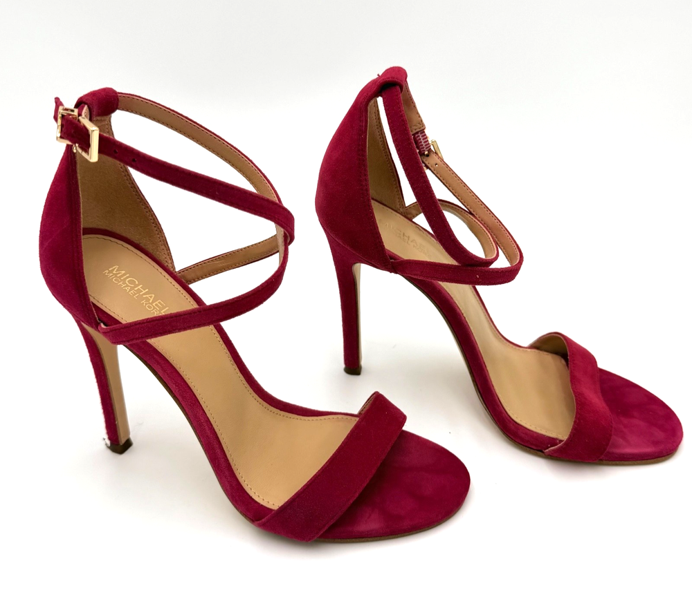 Michael Kors Women Burgundy Suede High Stiletto Heel Sandals Ankle Strap Size 6M