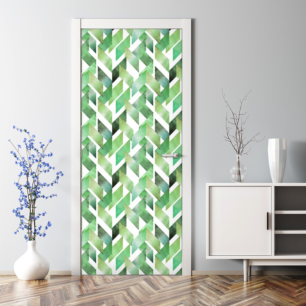 Green Messy Herringbone self adhesive Watercolour Door Decal Floral Door Decal