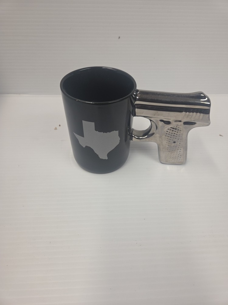 The Texas State Gun Mug Black 12oz Coffee Mug Silver  with a Pistol Grip Handle