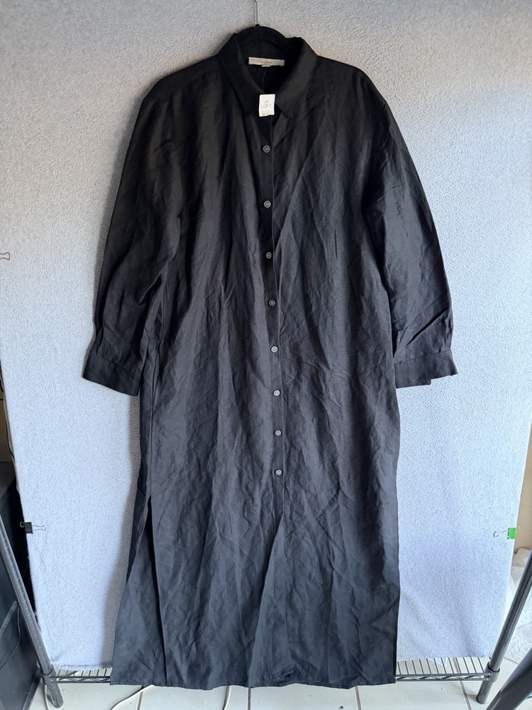 Loft Shirt Dress Womens Large Black Linen Blend Maxi Pockets Resort Vacay NWT