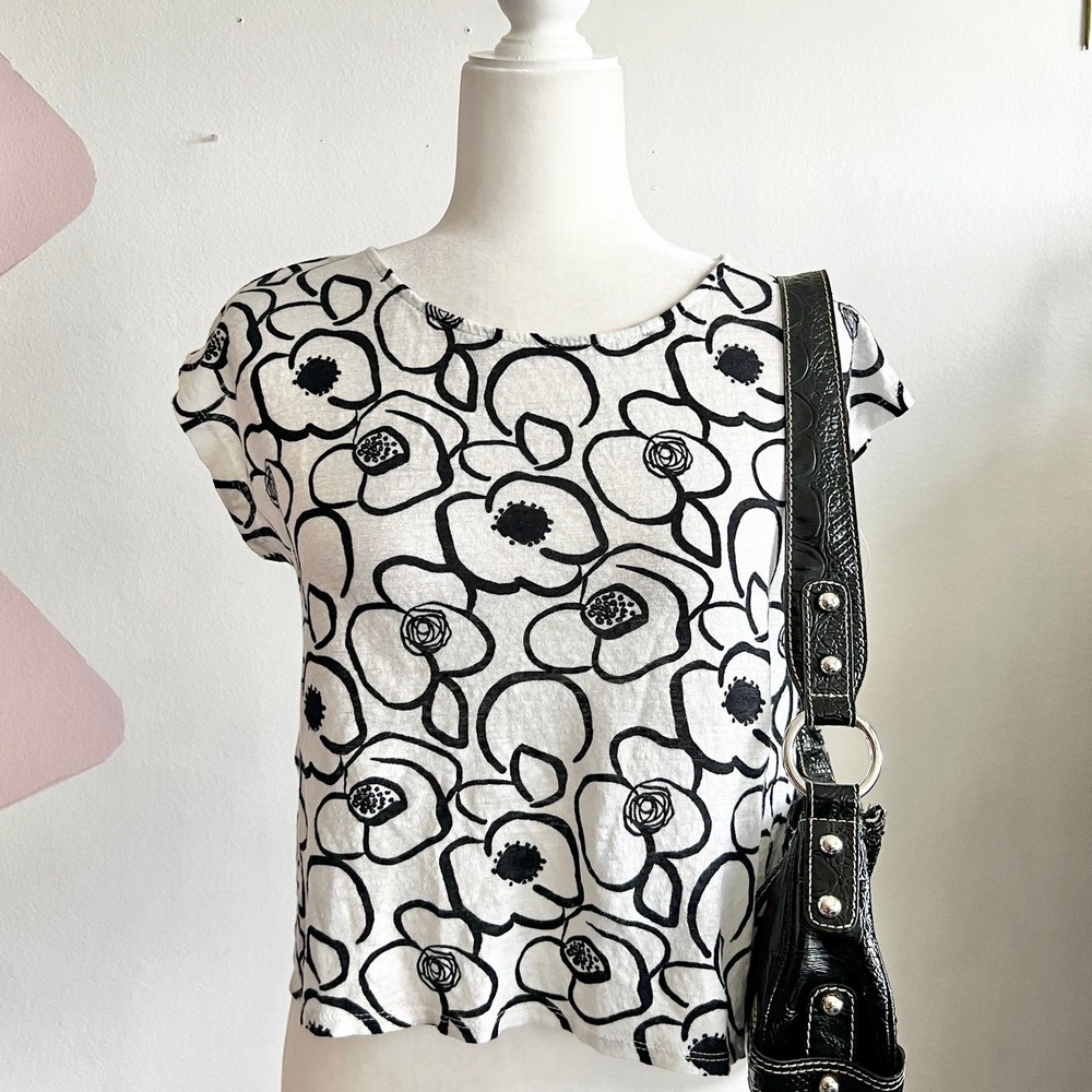 Tahari Floral 100% Linen Top, Classic Cottagecore Timeless Retro Medium Boho