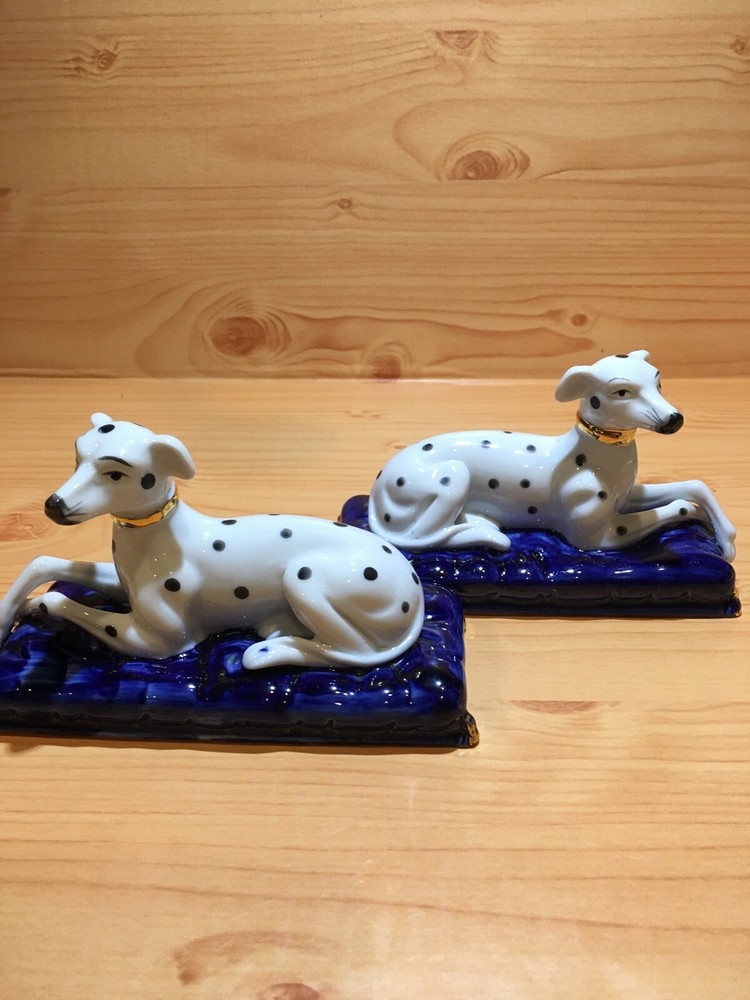 Antique Pair of English Porcelain Staffordshire Dalmatian Dogs,Cobalt Base,5”x3”