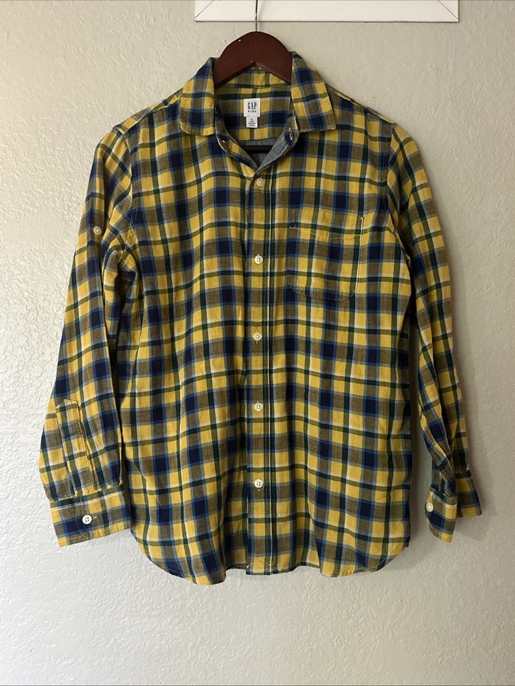 Gap Kids Boys Yellow And Blue Plaid Long Sleeve Button-Down Shirt Size XL (12)