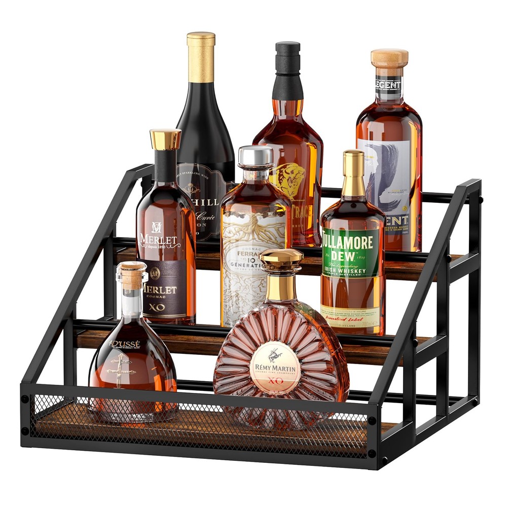 3-Tier Liquor Bottle Display Shelf, Countertop Liquor Wine Rack, Bottle Stora...
