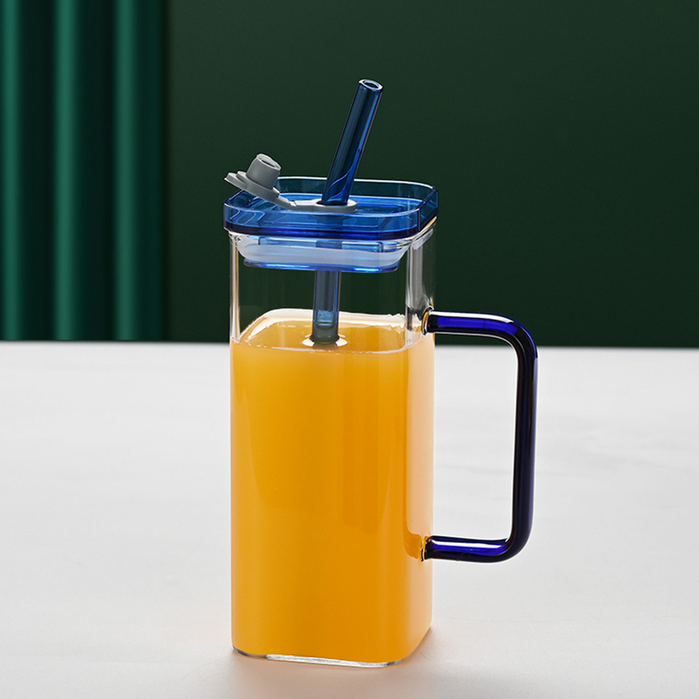 1 Pcs Blue Glass Straw Cup, 6 Colors Square Glass Cup with Straw and Lid, High B