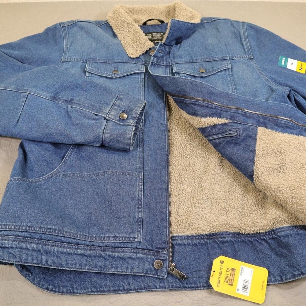 Carhartt Denim Jacket Mens 2XL Blue Sherpa Lined Relaxed Fit Work OJ5478-M