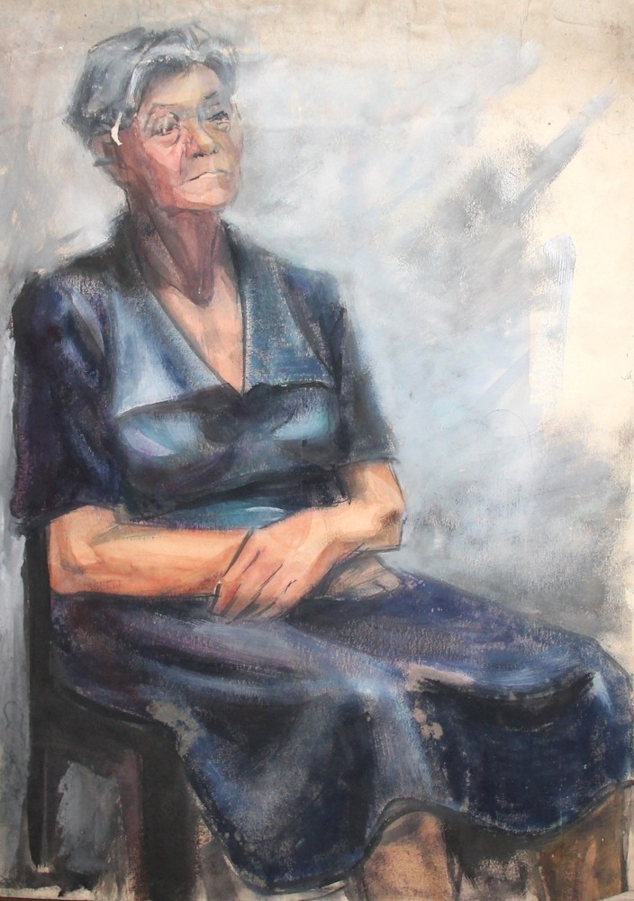 Vintage impressionist watercolor painting old woman portrait