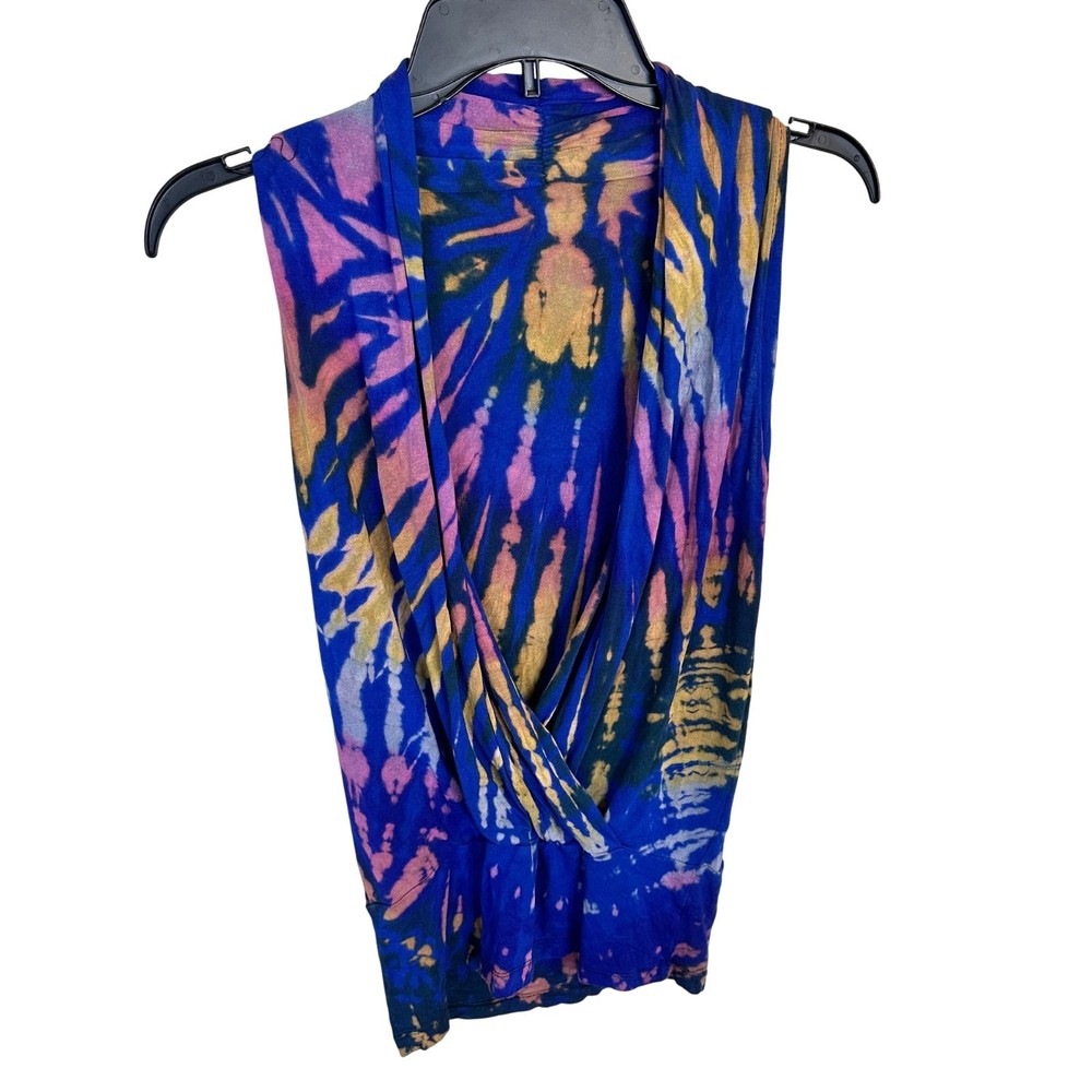 Sleeveless Tie Dye Womens Top Multicolor Blue Tank V Neck Bohemian Small Soft
