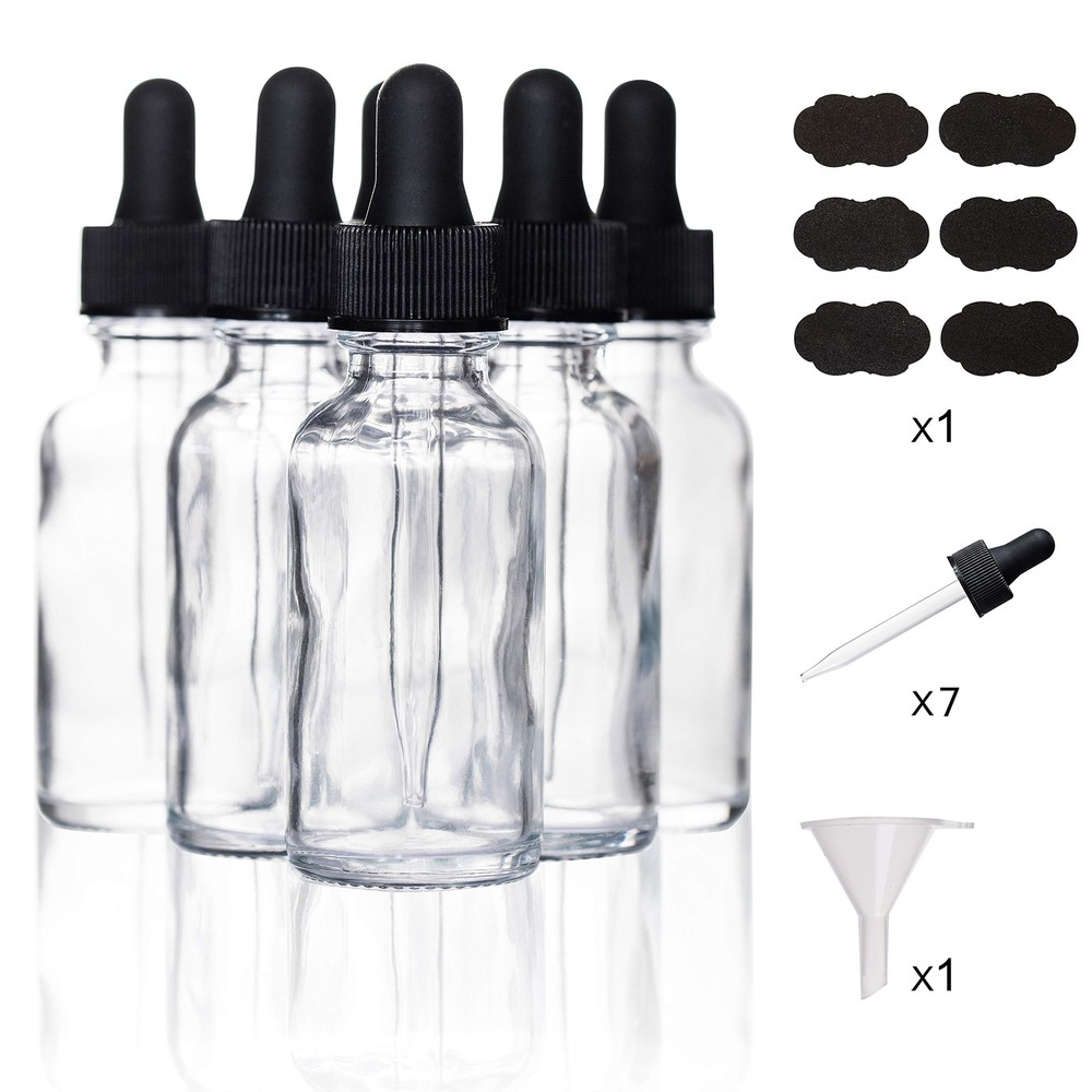 30ml (1oz) Clear Boston Round Bottle with Glass Eye Dropper, Pack of 6