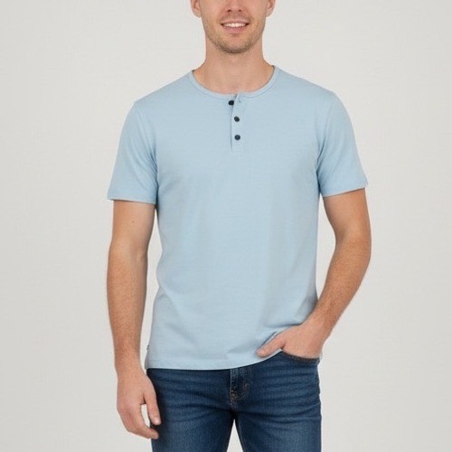 Cuts Curve Hem Henley T Shirt Mens Light Blue Short Sleeve Button Up Size M