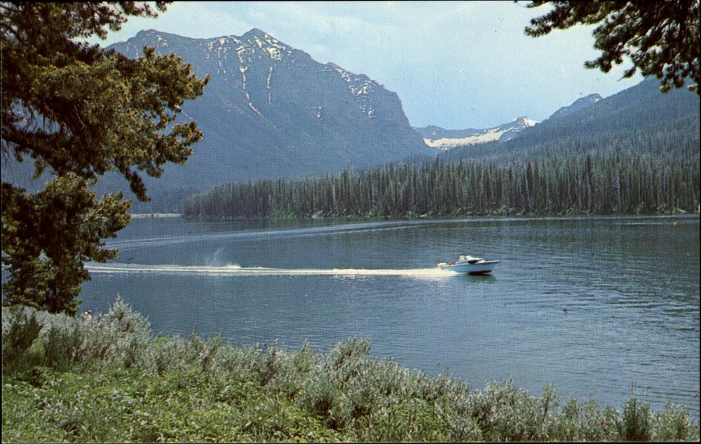 Hyalite Reservoir Spanish Peaks near Bozeman Montana MT ~ 1950s vintage postcard