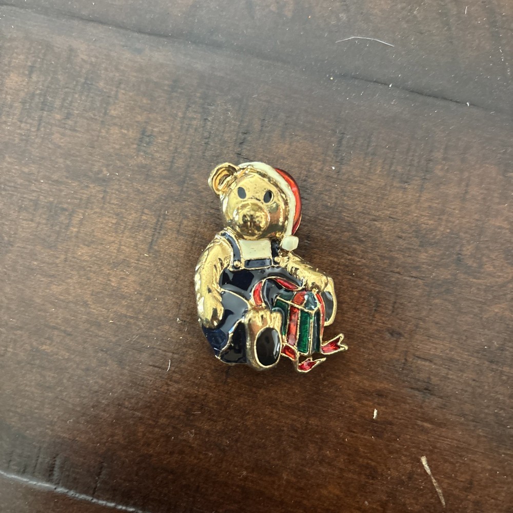 Teddy Bear With Present Santa Hat Pin Brooch Vintage Enamel Gold Tone