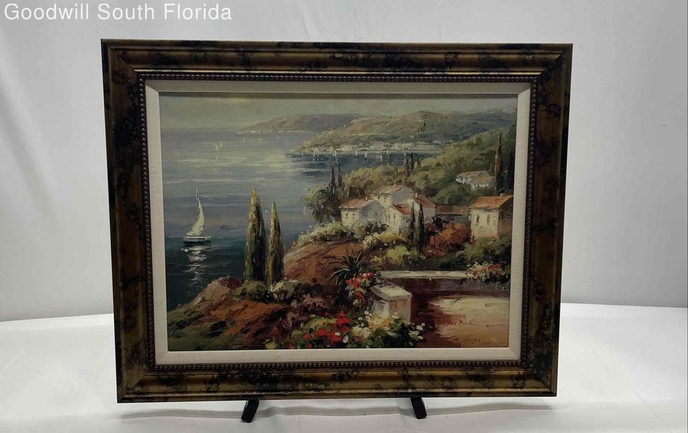 Framed Mediterranean Vista Landscape Wall Decor Art Print Signed By Peter Bell